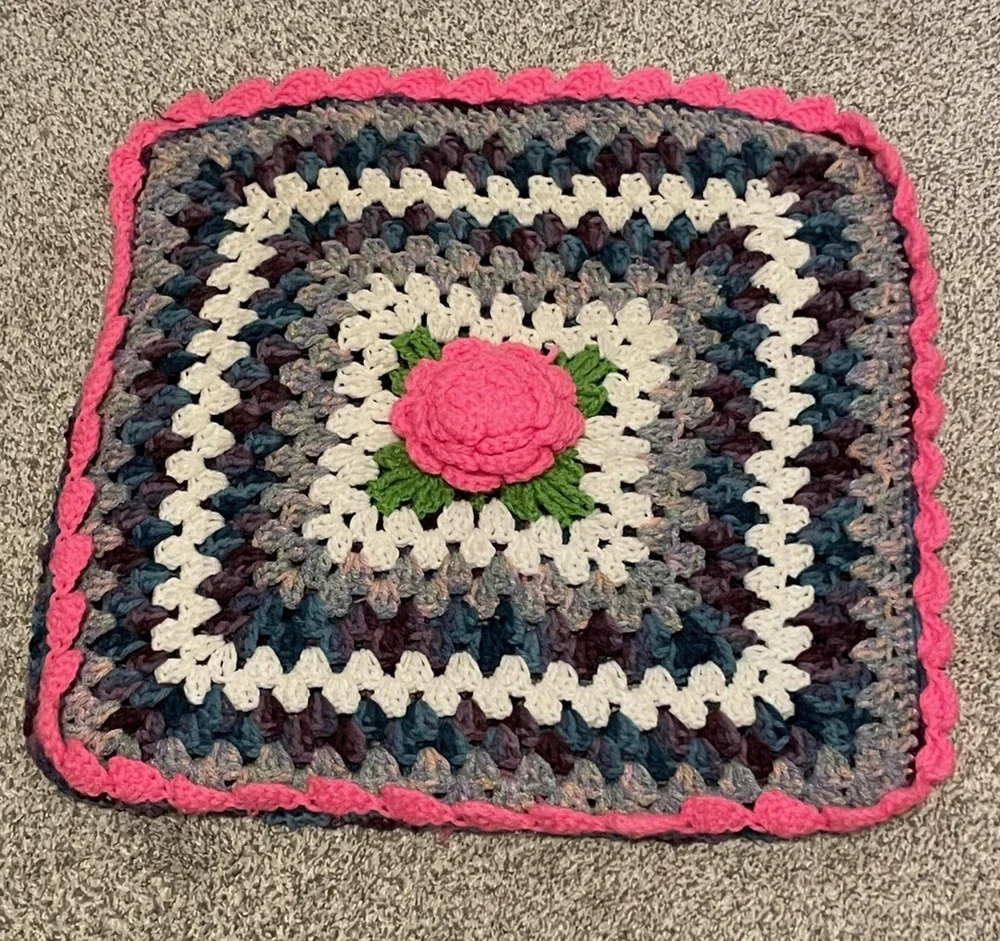 Vintage Handmade Crochet Pillowcase 3D Rose Floral Granny Square 20x20 Boho